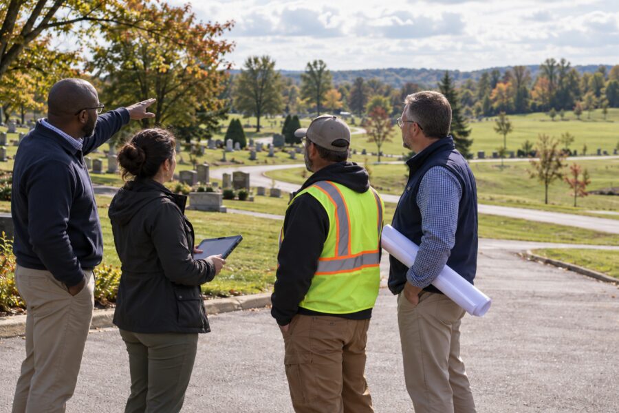 Four people stand on a paved path in a cemetery, looking toward the grave markers while one person points into the distance.