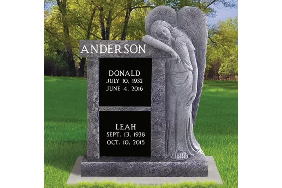 A grey stone upright monument with a carved angel and the names and dates for Donald and Leah Anderson.