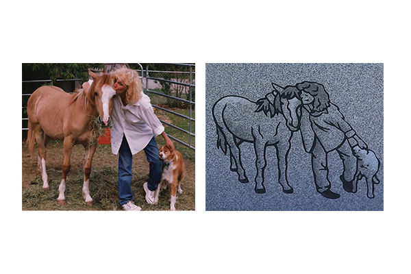 A woman standing with a horse and a dog, next to an etched stone monument depicting the same scene.